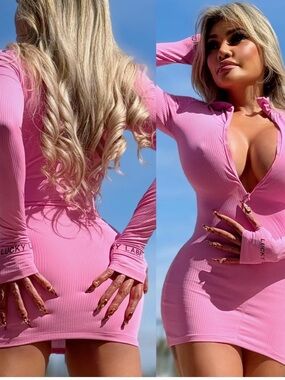 Pink Ribbed Bodycon Long-Sleeve Mini Dress